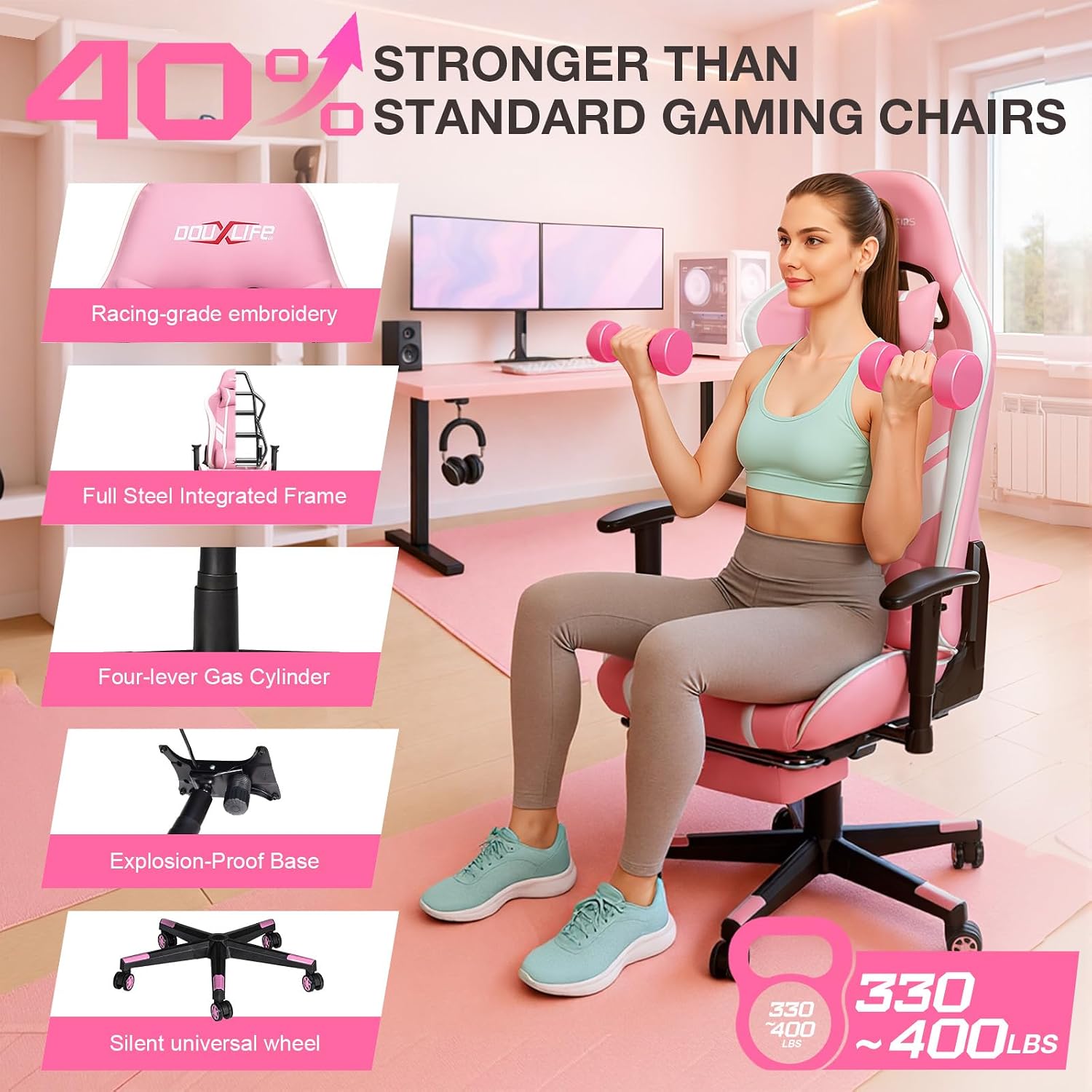 Douxlife 7-Point Massage Gaming Chair with Footrest, 400lbs Heavy Duty Ergonomic Computer Chair, 175° Reclining High Back Racing Seat for Adults with Adjustable Armrests & Lumbar Support, Pink