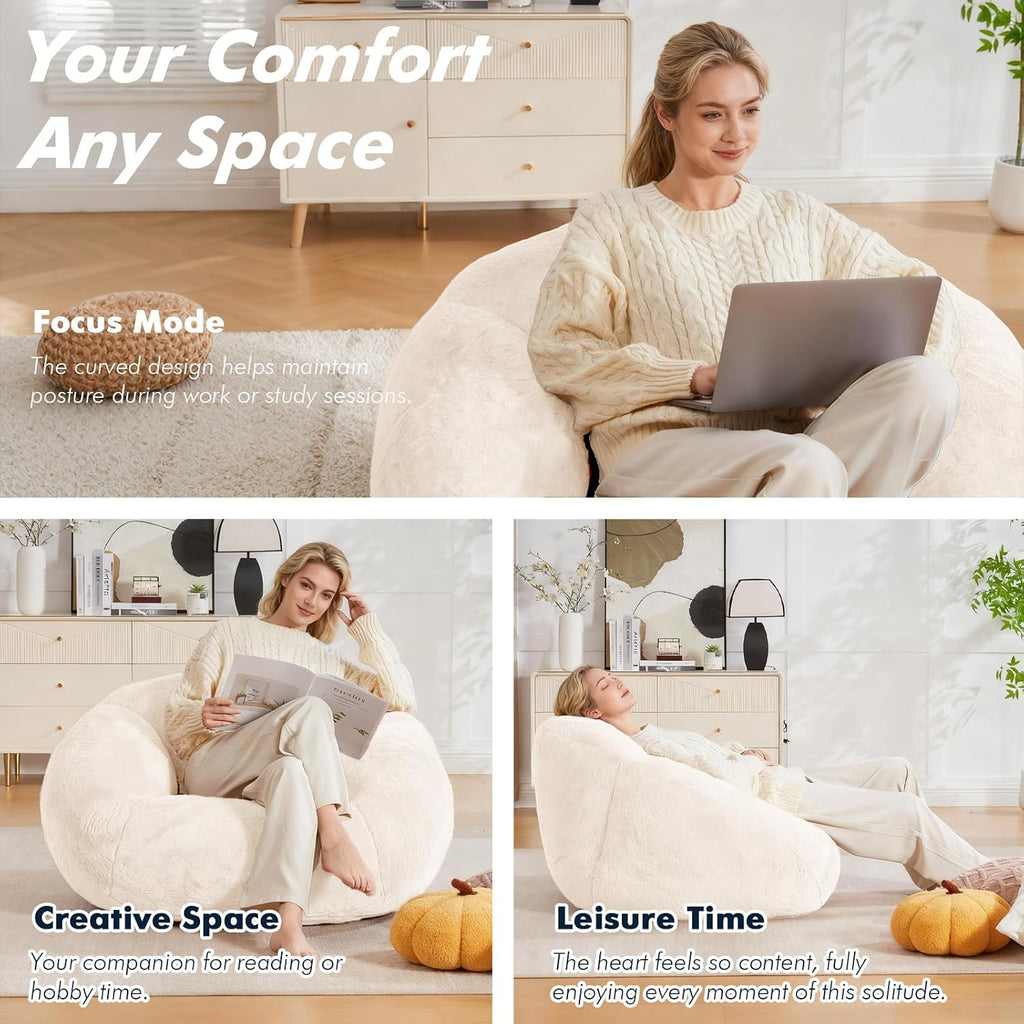 3.28 Feet Bean Bag Chair for Adults, Shell-Shaped Bean Bag Lazy Couch, Faux Fur Cloud Sofa Chair, Lounge Floor Sofa with Filler for Reading, Gaming & Watching, No Assembly Required (Beige)