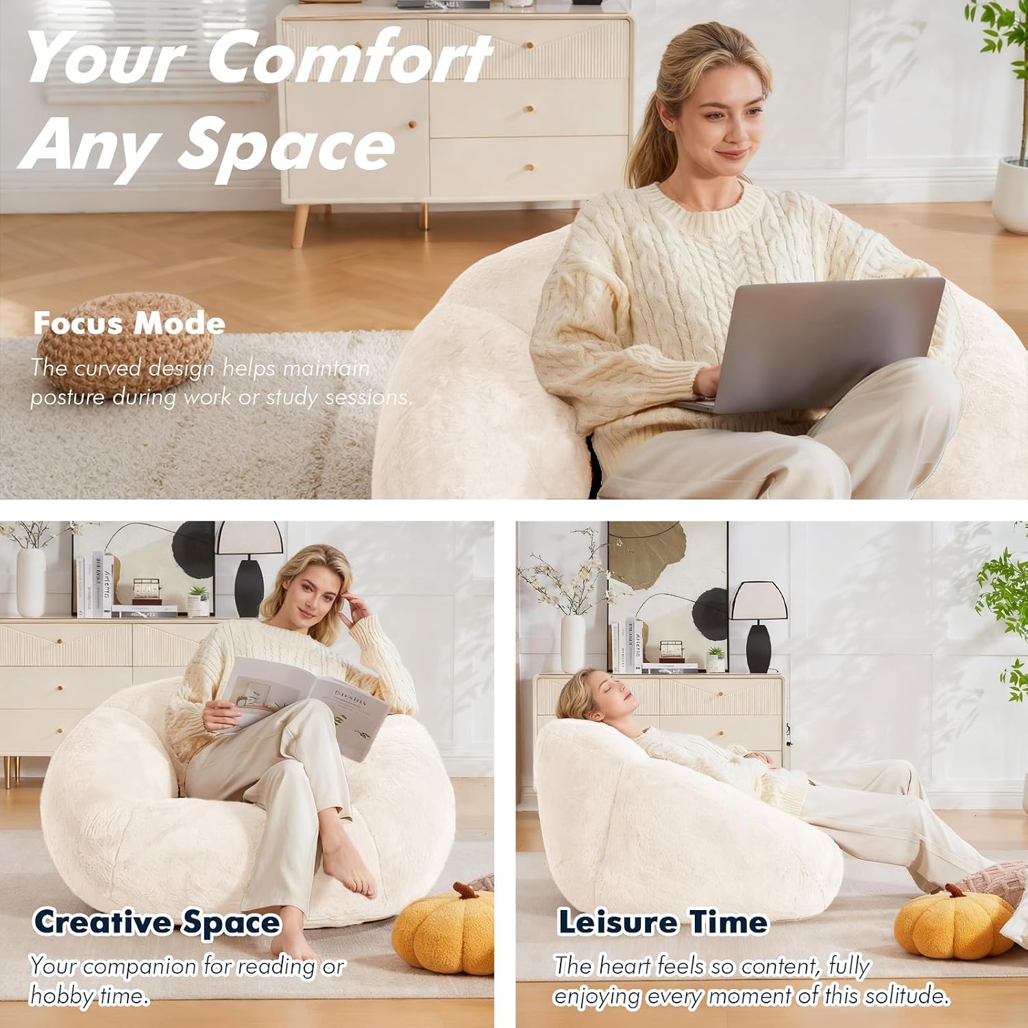 3.28 Feet Bean Bag Chair for Adults, Shell-Shaped Bean Bag Lazy Couch, Faux Fur Cloud Sofa Chair, Lounge Floor Sofa with Filler for Reading, Gaming & Watching, No Assembly Required (Beige)