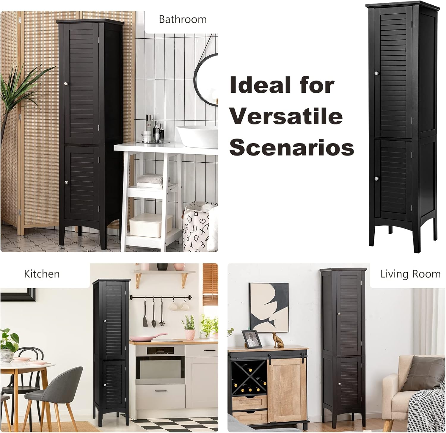 Tangkula Tall Bathroom Storage Cabinet, 5-Tier Wooden Freestanding Tower Cabinet, Narrow Storage Floor Cabinet w/ 2 Doors & Shelves for Bathroom Living Room Kitchen (Black)