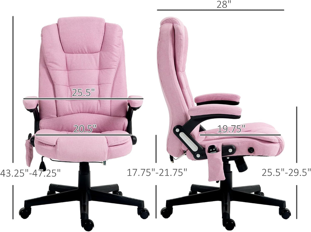 Vinsetto 6 Point Vibrating Massage Office Chair with Heat, Linen High Back Executive Office Chair with Reclining Backrest, Padded Armrests and Remote, Pink