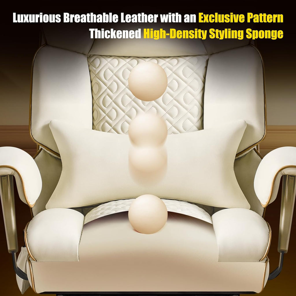 Leather Office Chair with Footrest, High-Back Executive Office Chair with Adjustable Lumbar Support, Luxury Desk Chair with Silent Wheels Rocking 360° Swivel, Height Adjustment,Beige