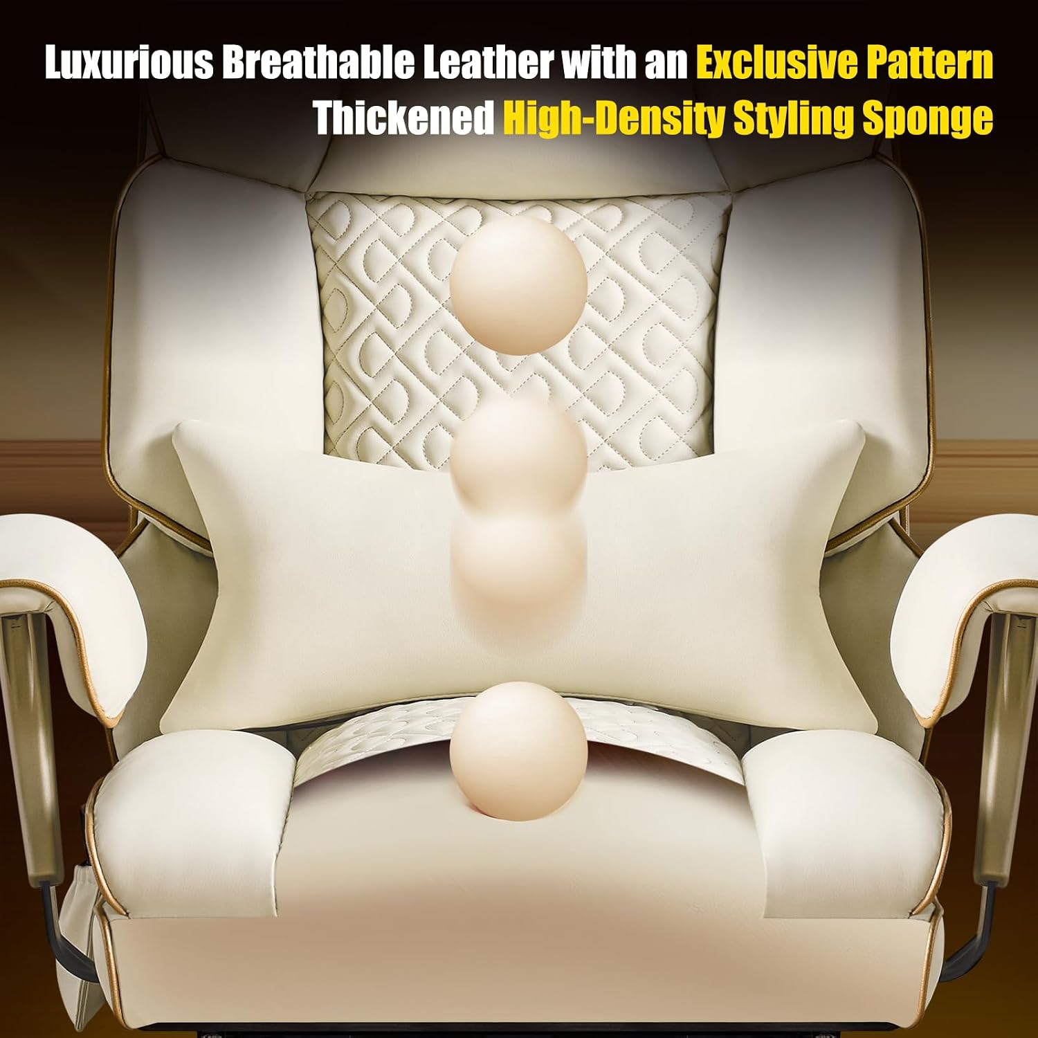 Leather Office Chair with Footrest, High-Back Executive Office Chair with Adjustable Lumbar Support, Luxury Desk Chair with Silent Wheels Rocking 360° Swivel, Height Adjustment,Beige