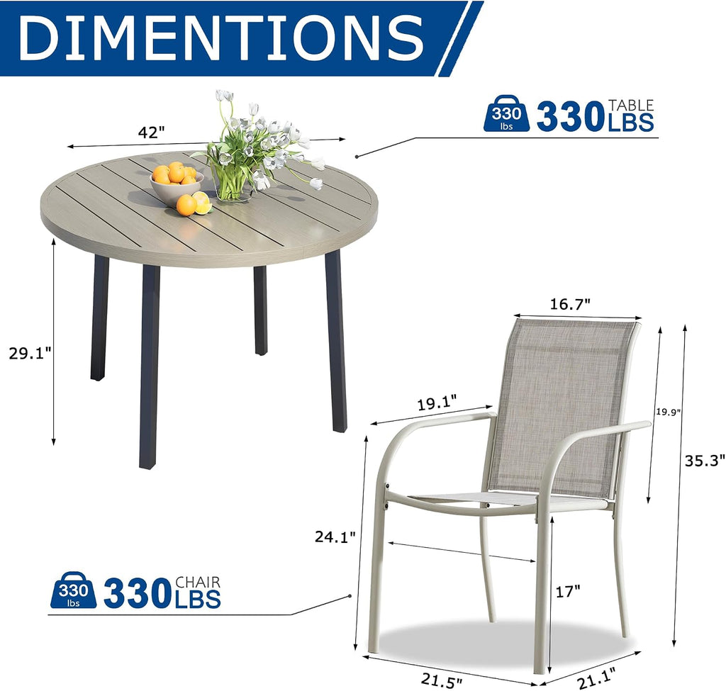 5 Pieces Patio Dining Set for 4, Grey Patio Stackable Chairs and Honey Oak Round Table Set of 4, Outdoor Furniture Set with Sling Support for Outside, Garden