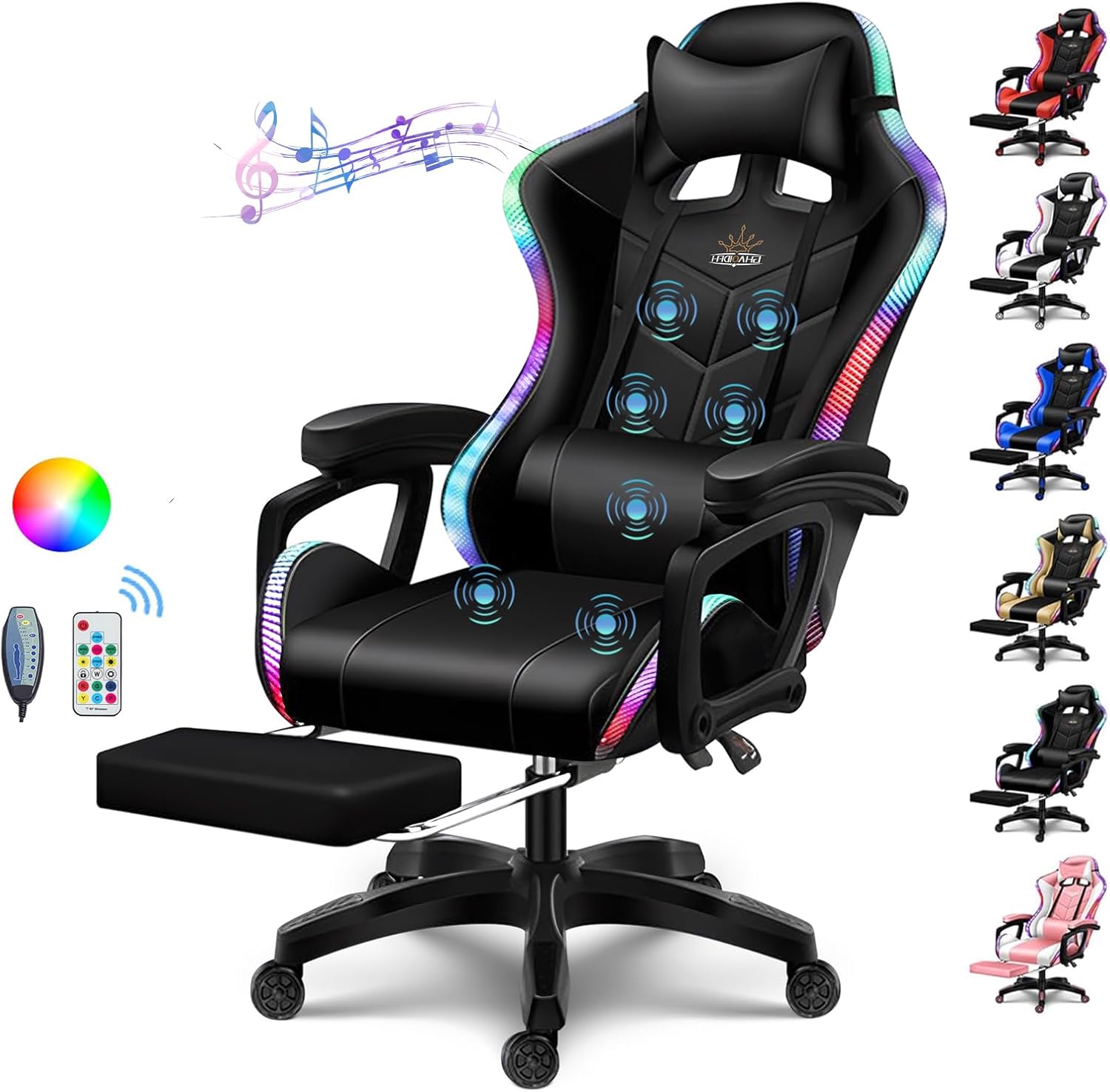 RGB Gaming Chair with Speakers and LED Light, Ergonomic 7 Points Massage Video Game Chair, High Back Recliner Chair, PU Leather Computer Chair with Headrest & Lumbar Support,Black