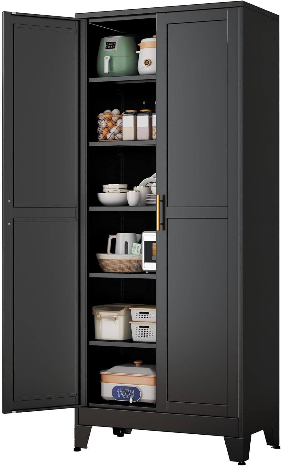 pozdeg 75' Tall Pantry Cabinet, Metal Kitchen Storage Cabinet with 2 Doors and 5 Adjustable Shelves, White Storage Cabinet Cupboard for Kitchen, Dining Room, Living Room and Bathroom (Black)