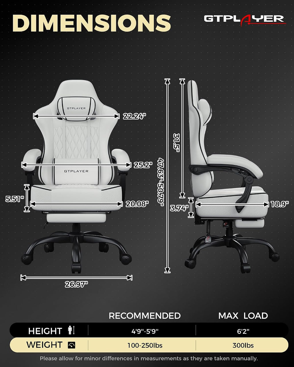GTPLAYER Big and Tall Gaming Chair with Footrest, Ergonomic Office Desk Chair with 4.4in Thick Cushion and Wide Wingless Seat, Comfortable Leather Computer Chair, Predator Series, White