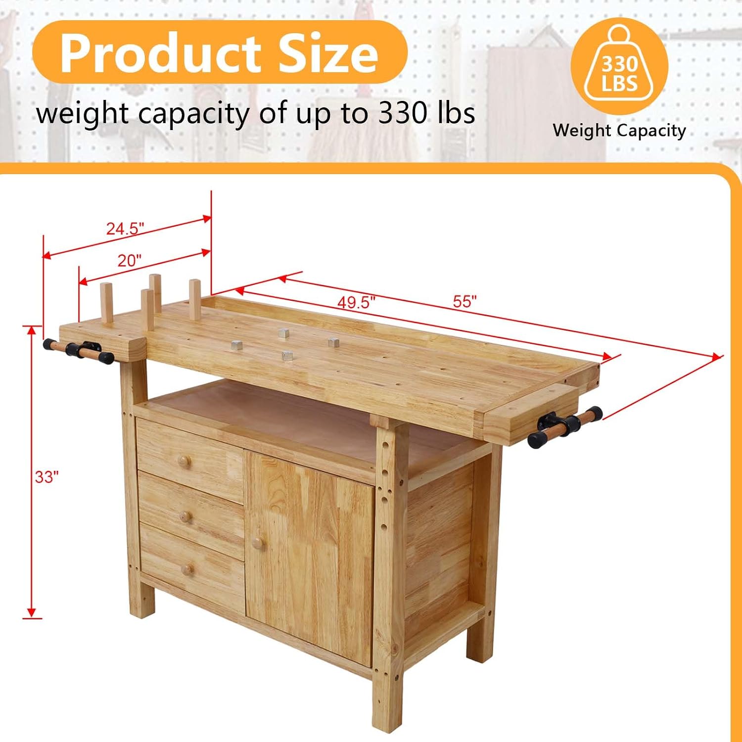 55' Rubber Wood Workbench, Heavy Duty Work Bench with Drawer& Shelf, Work Bench Table for Garage, Workshop, Home Storage, Woodworking Bench, 330 lbs Weight Capacity (55 ')