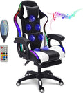 Gaming Chair with RGB LED Light Ergonomic Massaging Computer Gaming Chair, Video Gaming Chair with Footrest, Reclining Gaming Chair with Speakers Office Chair,White