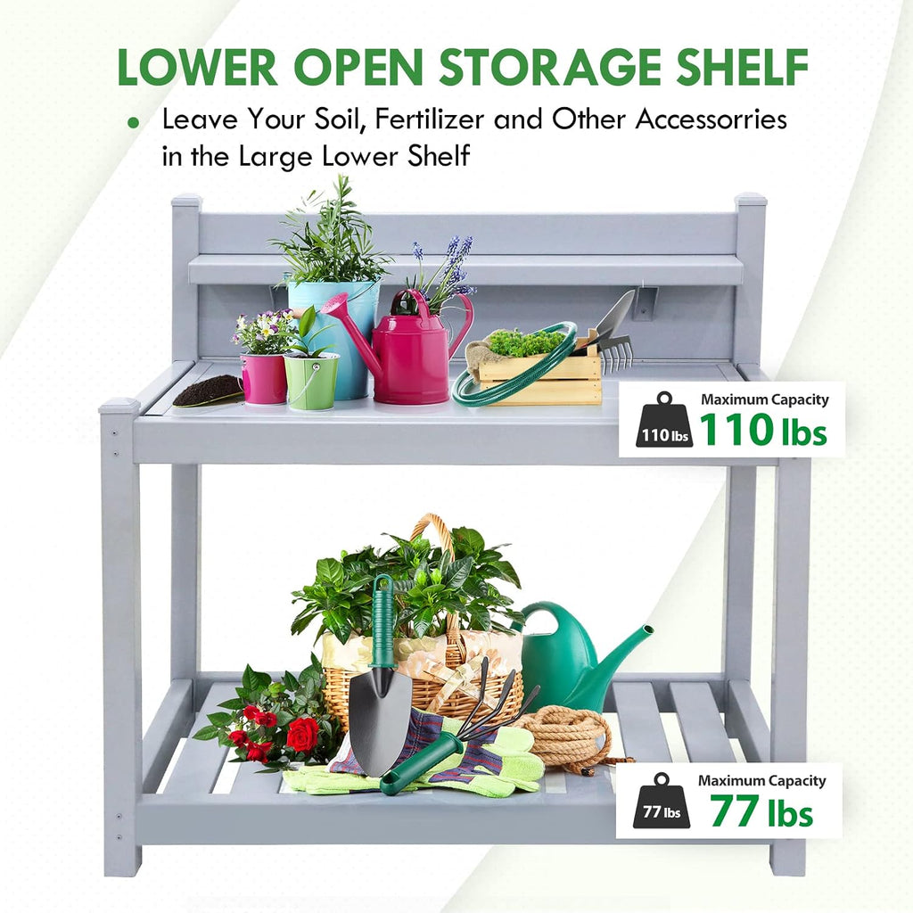 EAGLE PEAK Potting Bench, Weatherproof Vinyl Potting Table for Outdoor & Indoor Use, Easy Clean Garden Workstation with Storage Shelves, Gray, 40'