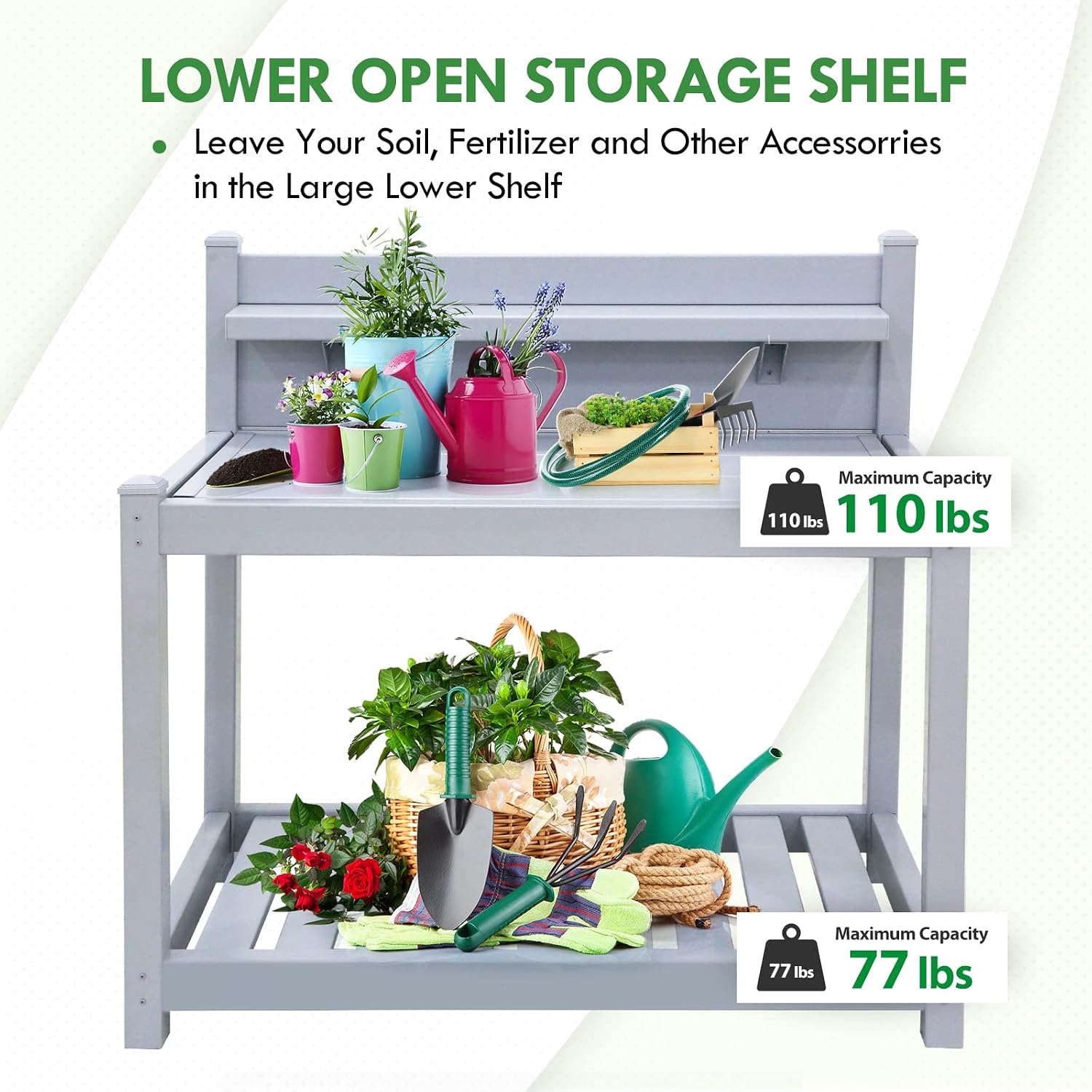 EAGLE PEAK Potting Bench, Weatherproof Vinyl Potting Table for Outdoor & Indoor Use, Easy Clean Garden Workstation with Storage Shelves, Gray, 40'