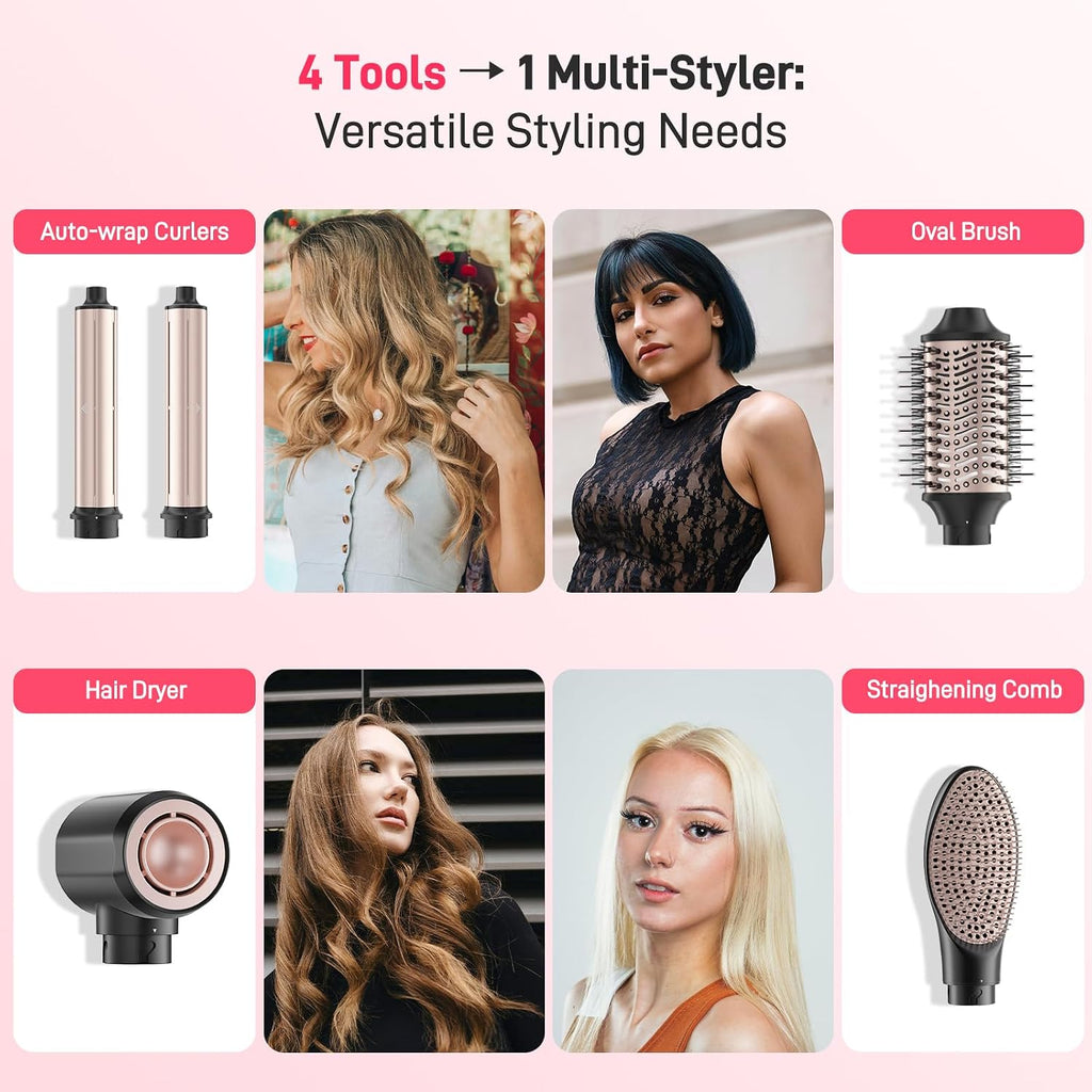 MESCOMB Dual Voltage Hot Air Styler Wrap - 5 in 1 Hair Dryer Brush,Multi Hair Styler, with Fast Drying Blow Dryer, Styling, Straightening & Volumizing-Gift for Women (Black + Pink)