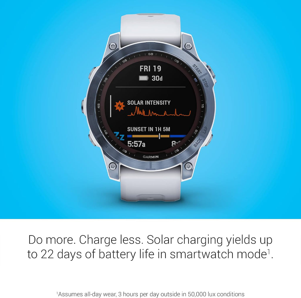 Garmin Fenix 7 Sapphire Solar, Adventure smartwatch, with Solar Charging Capabilities, Rugged Outdoor Watch with GPS, Touchscreen, Wellness Features, Mineral Blue DLC Titanium Whitestone Band
