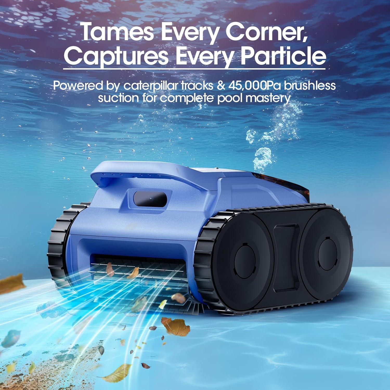 Cordless Robotic Pool Vacuum, Pool Cleaner with Track Drive & Sonar Navigation, 180W Brushless Motor, Wall & Waterline Climbing, 150-Min Runtime, for Inground Above-Ground 2150 Sq. Ft. (Navy Blue)