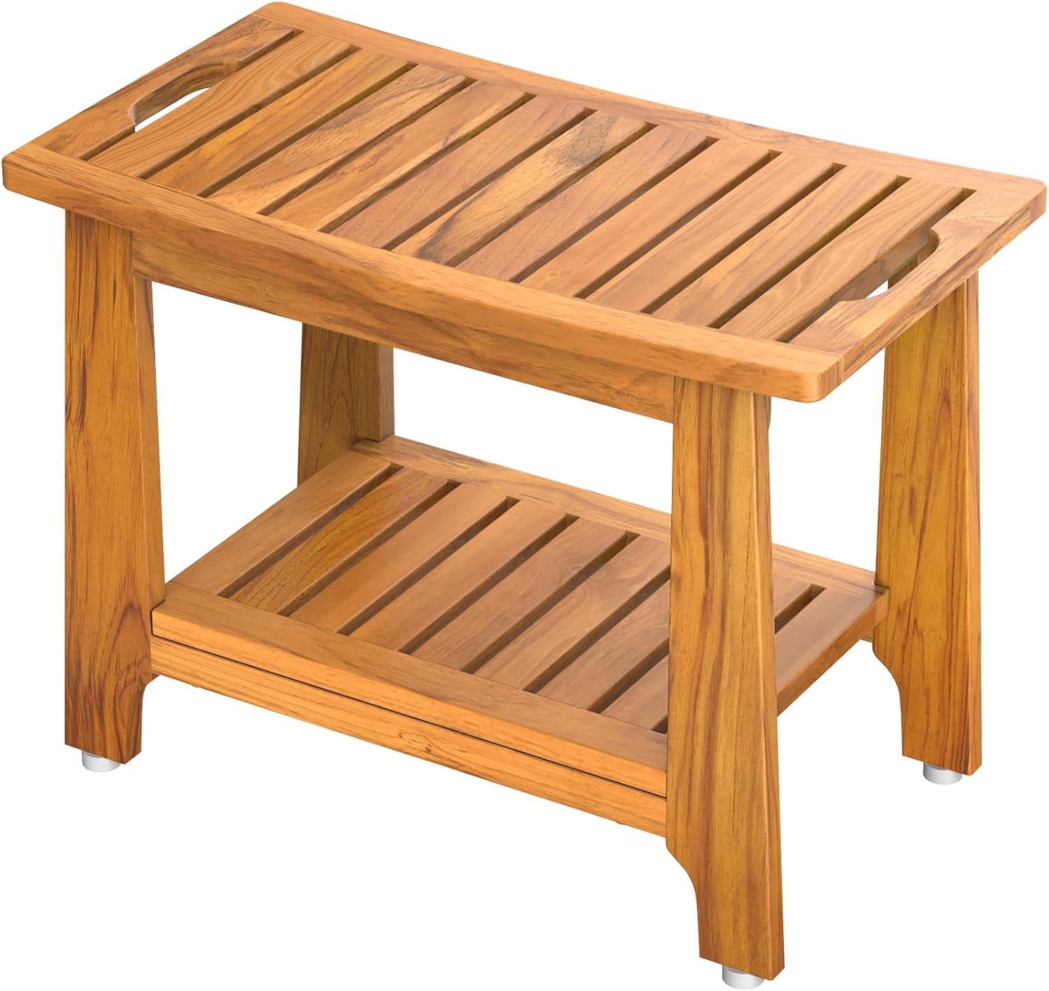 24' Large Teak Shower Bench with Shelf & Handle - Waterproof Spa Stool, Non-Slip Leveling Feet & 300 lbs Capacity - for Showers, Saunas/Steam Rooms & Outdoor Pools (Patented)