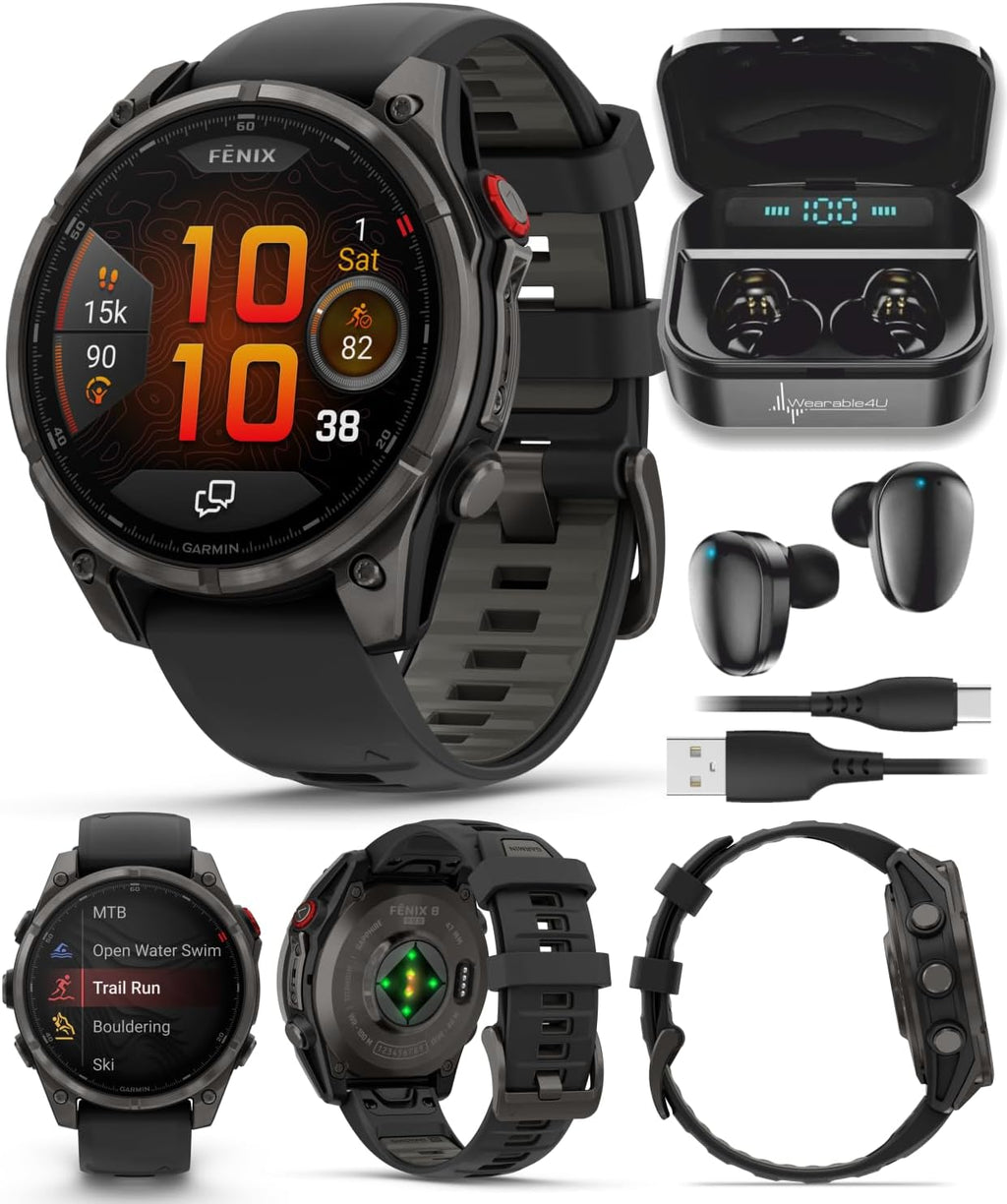 Garmin Fenix 8 Pro 47mm AMOLED Sapphire Premium Connected Multisport GPS Smartwatch, inReach Technology, Carbon Gray DLC Titanium w/Black Silicone Band with Black Earbuds Bundle