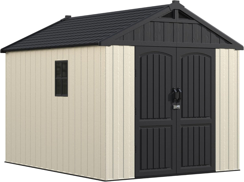 Greesum 8×10 FT Plastic Outdoor Storage Shed with Floor, Resin Sheds with Window and Lockable Door, Weather Resistant Organization for Garden, Lawn, Pool Supplies, Beige