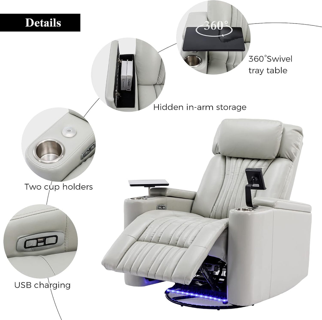 Merax 270 Degrees Power Swivel Recliner,Home Theater Seating with Hidden Arm Storage and LED Light Strip,Cup Holder,360 Degrees Swivel Tray Table,and Cell Phone Holder,Soft Living Room Chair,Grey