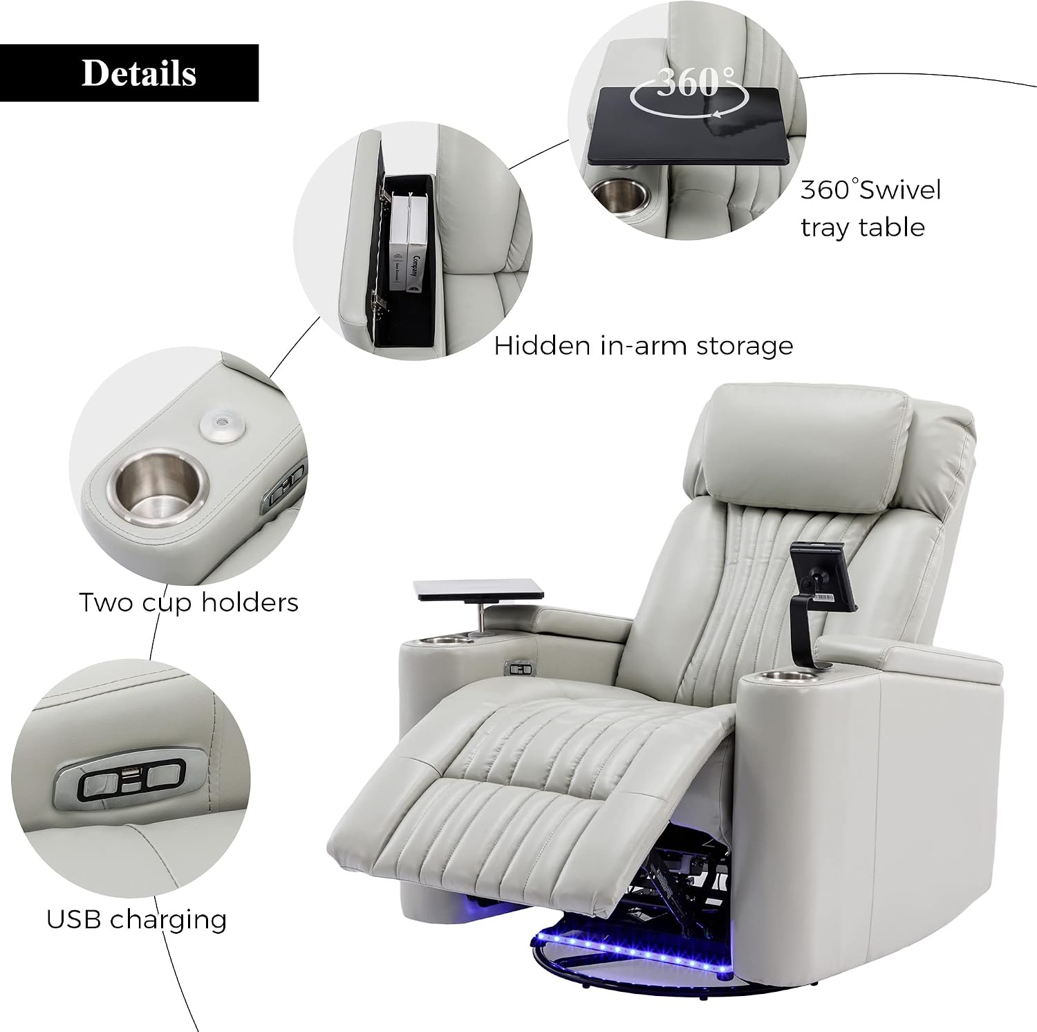 Merax 270 Degrees Power Swivel Recliner,Home Theater Seating with Hidden Arm Storage and LED Light Strip,Cup Holder,360 Degrees Swivel Tray Table,and Cell Phone Holder,Soft Living Room Chair,Grey