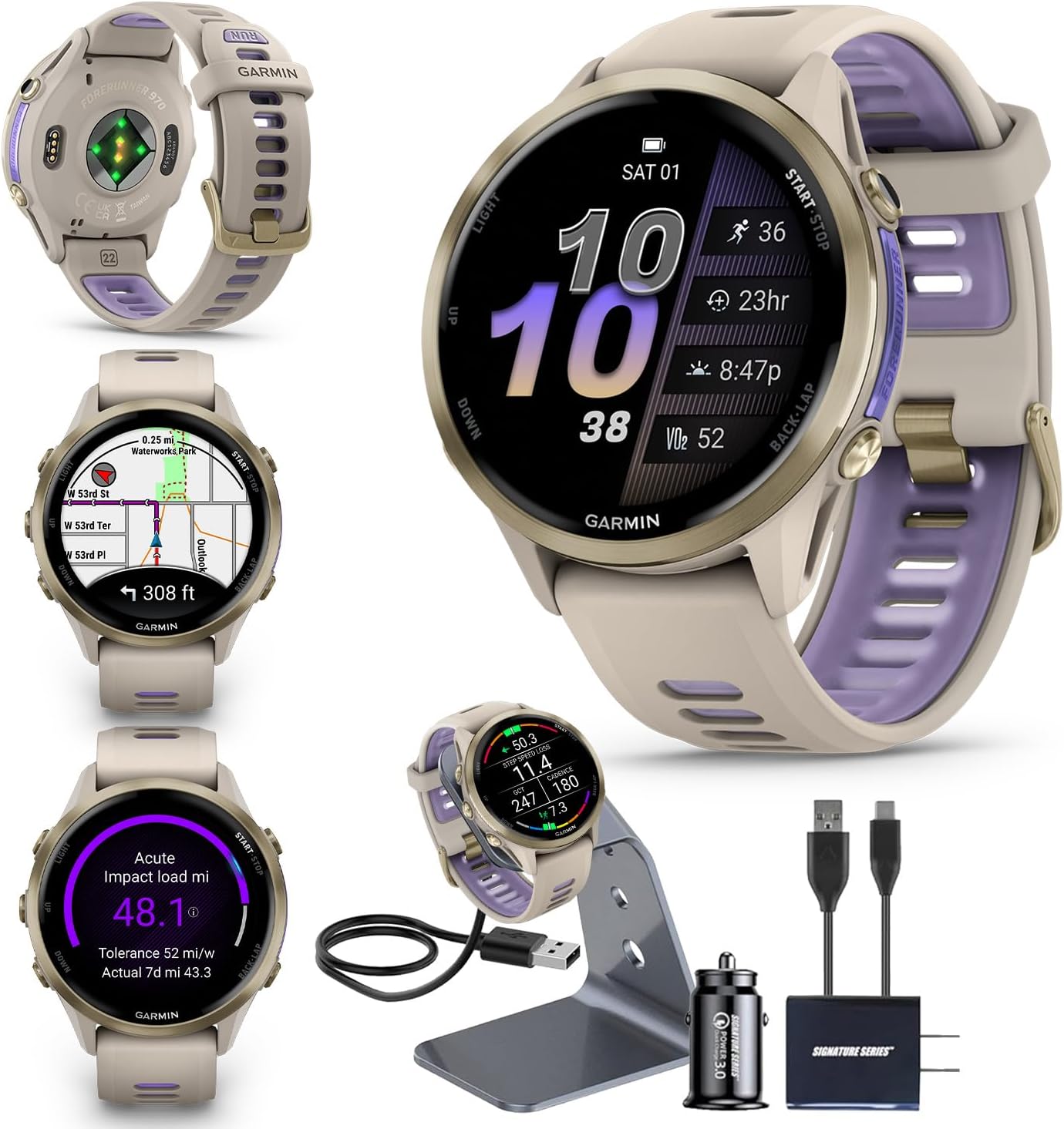 Garmin Forerunner 970 GPS Running Smartwatch, French Gray | Premium Training & Recovery, Sleep Coach, Heart Rate, Download Music, Up to 15 Day Battery | Signature Series Charging Stand Bundle