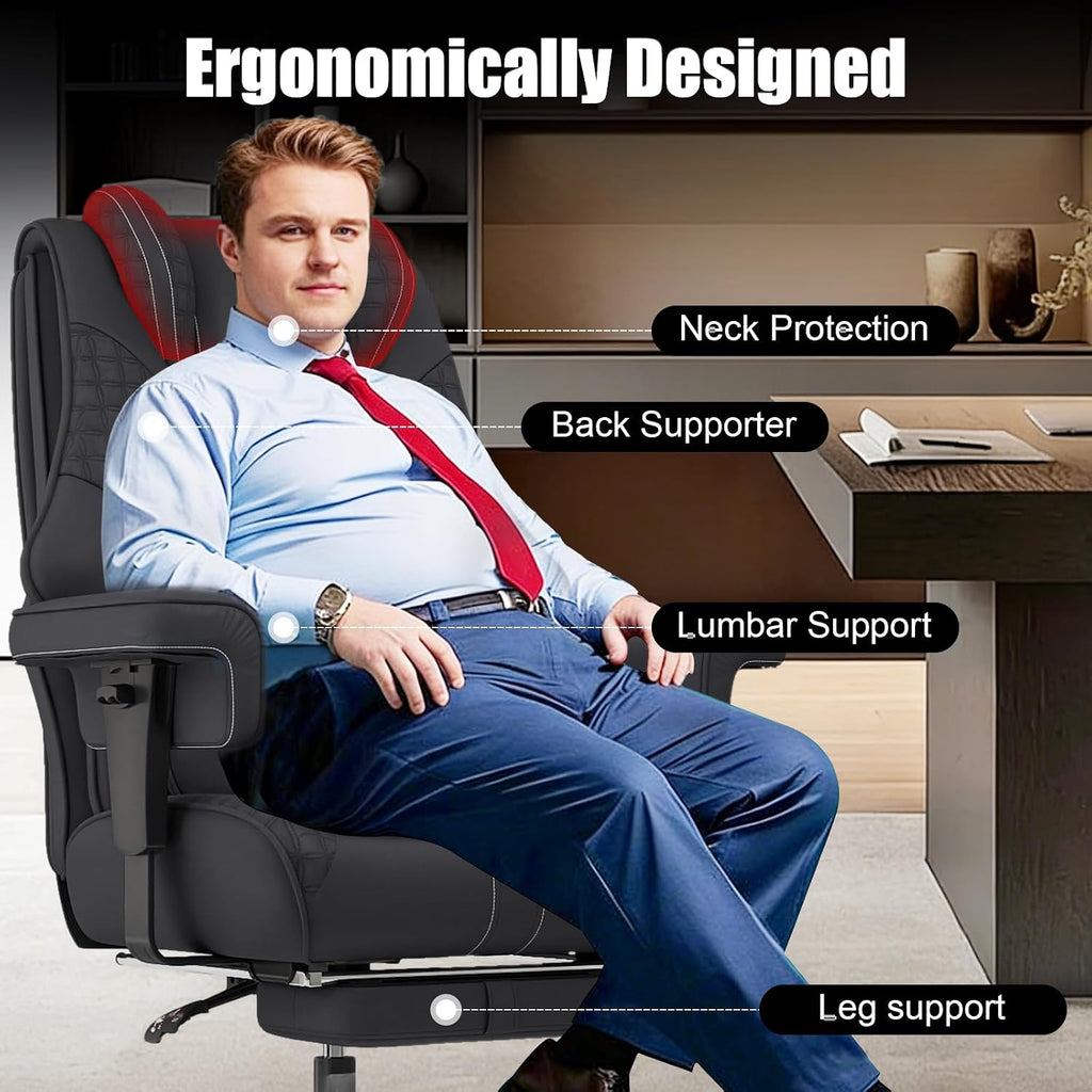 400lbs Big and Tall Office Chair, Wide Ergonomic Leather Executive Chair for Heavy People with Foot Rest, High-Back Reclining Computer Chair with Swivel Wheels and Lumbar Support (Black)