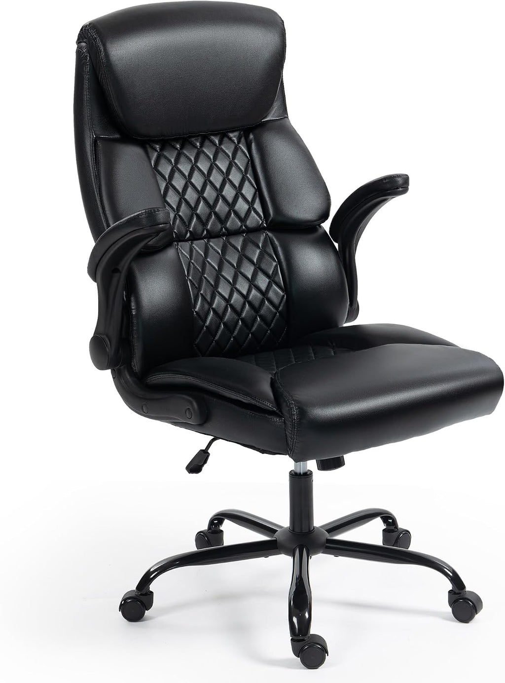 Office Chair - Ergonomic High Back Computer Desk Chair with Rocking Function & Lumbar Support - Executive Comfortable Wide Swivel Rolling Office Leather Chair with Flip-up Armrests for Home Gaming