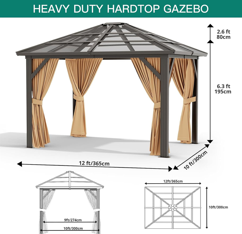 10x12ft Gazebo, Hardtop Outdoor Canopy Aluminum Frame Permanent Gazebo with Netting and Curtains, Polycarbonate Garden Tent for Patio, Lawn, Backyard, Deck (10'x12')