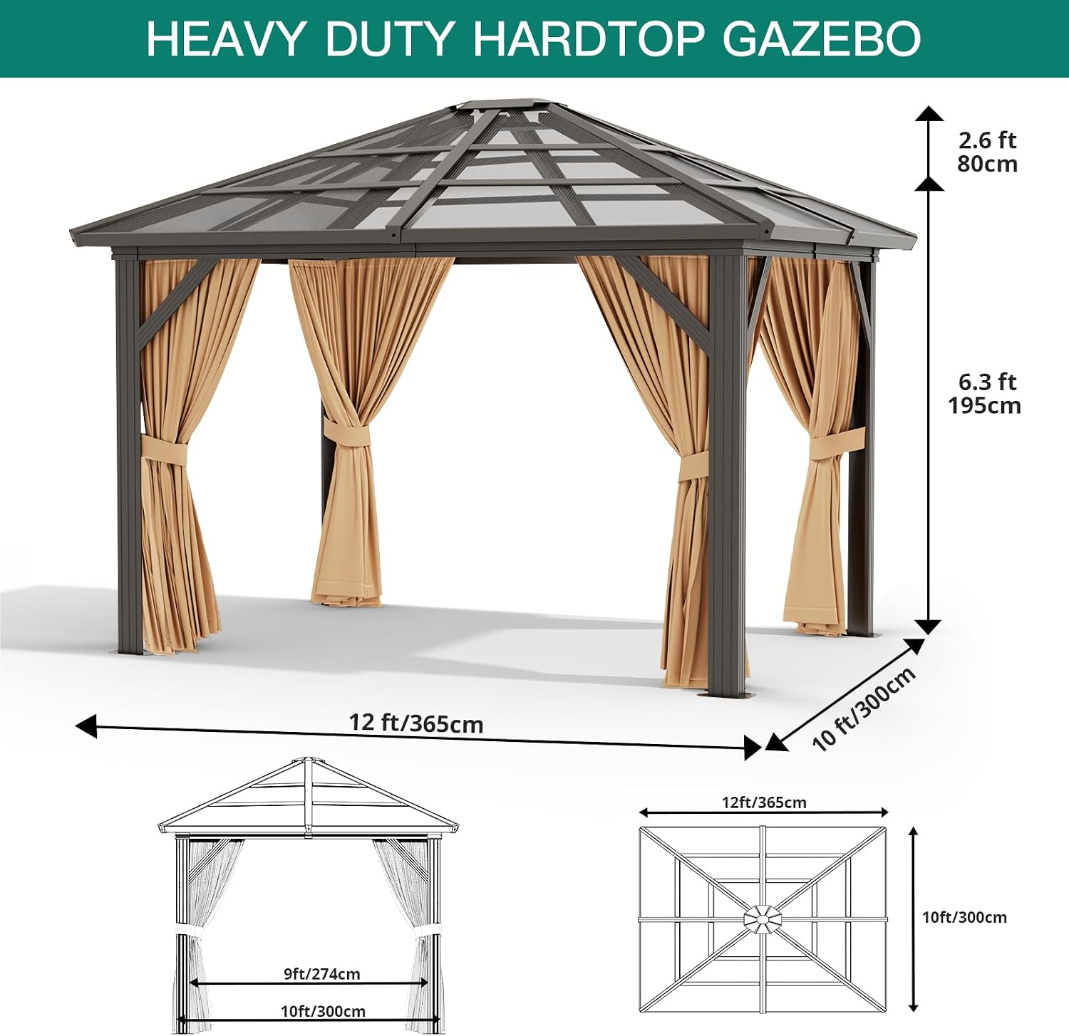 10x12ft Gazebo, Hardtop Outdoor Canopy Aluminum Frame Permanent Gazebo with Netting and Curtains, Polycarbonate Garden Tent for Patio, Lawn, Backyard, Deck (10'x12')