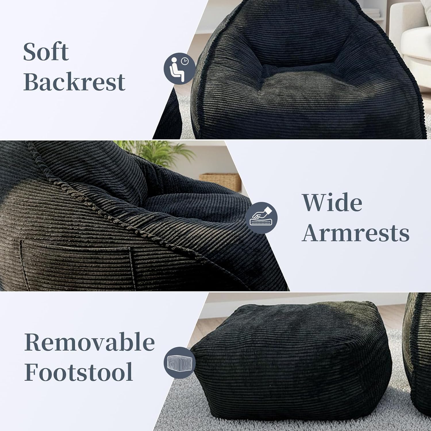 Ultra Soft Bean Bag Chair for Adults with Ottoman, Oversized Floor Sofa for Living Room, Gaming, Lounging, Napping (Black)