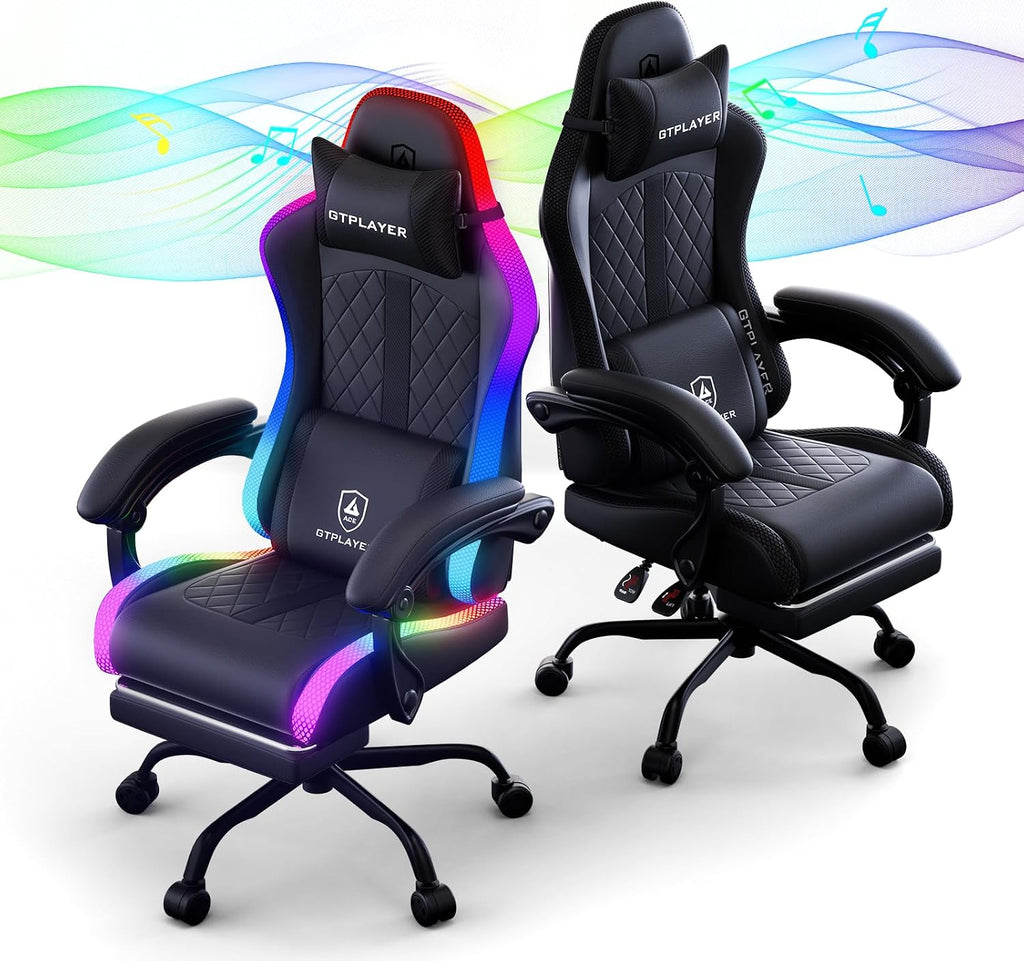 GTPLAYER RGB Gaming Chair with Speakers - LED Computer Game Chair for Adults, PC Home Office Chairs with Footrest & Lights, Reclining Desk Chairs, Black