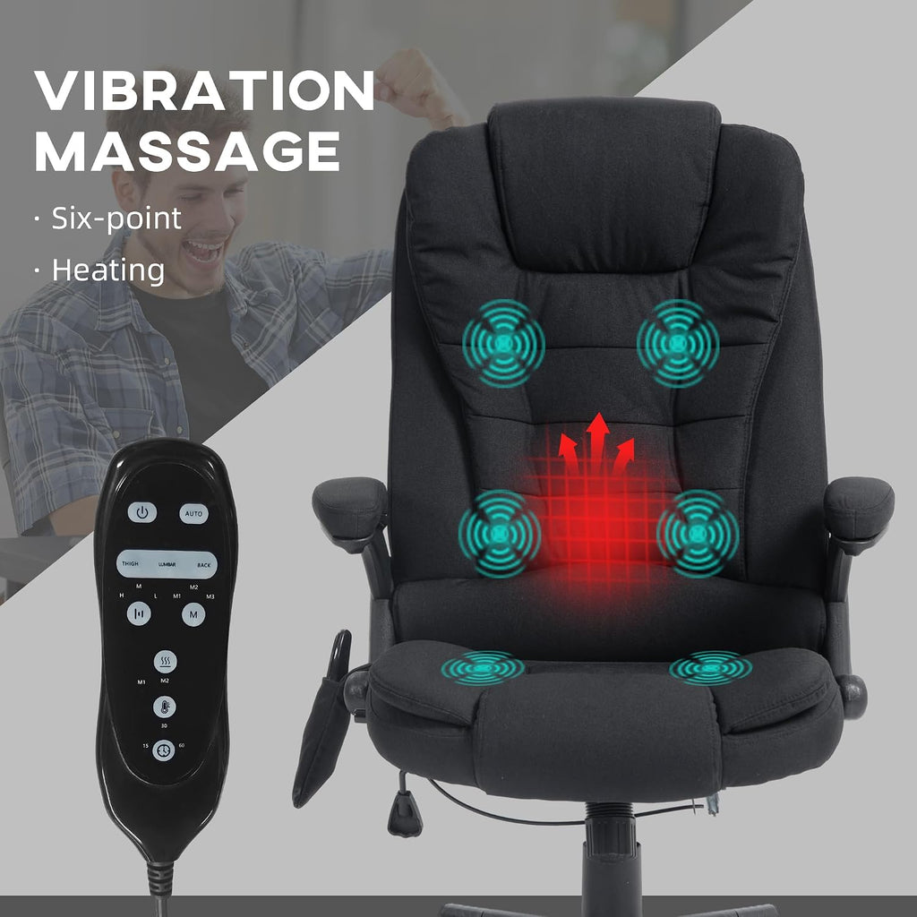 Vinsetto 6 Point Vibrating Massage Office Chair with Heat, Linen High Back Executive Office Chair with Reclining Backrest, Padded Armrests and Remote, Black