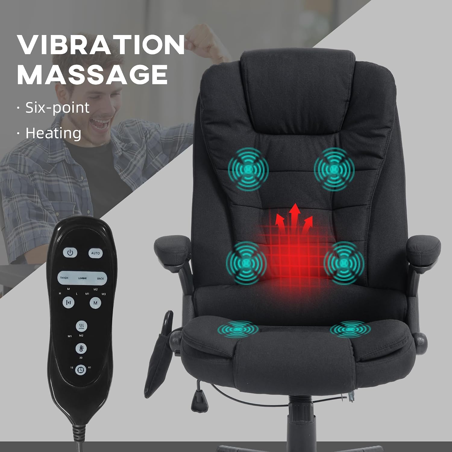 Vinsetto 6 Point Vibrating Massage Office Chair with Heat, Linen High Back Executive Office Chair with Reclining Backrest, Padded Armrests and Remote, Black