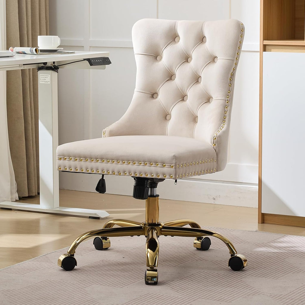 Beige Velvet Home Office Desk Chair with Wheels & Gold Base, Cute Makeup Vanity Chair with Tufted Back for Women Girls, Upholstered Adjustable Swivel Armless Office Chair for Bedroom, Beige