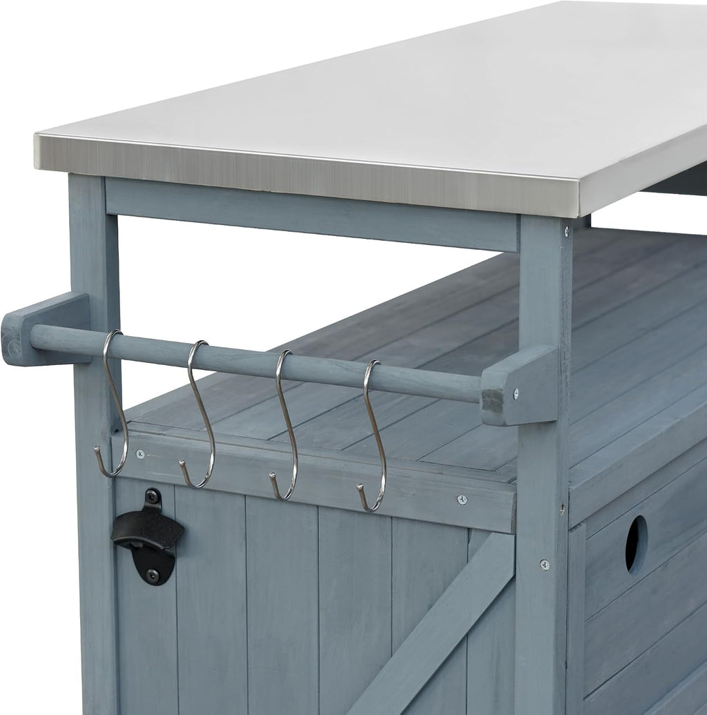 LUMISOL Outdoor Grill Cart with Stainless Steel Top, Kitchen Island with Storage Cabinet & Internal Storage Rack, Outdoor Bar Cart with Spice & Towel Rack, Grey Blue