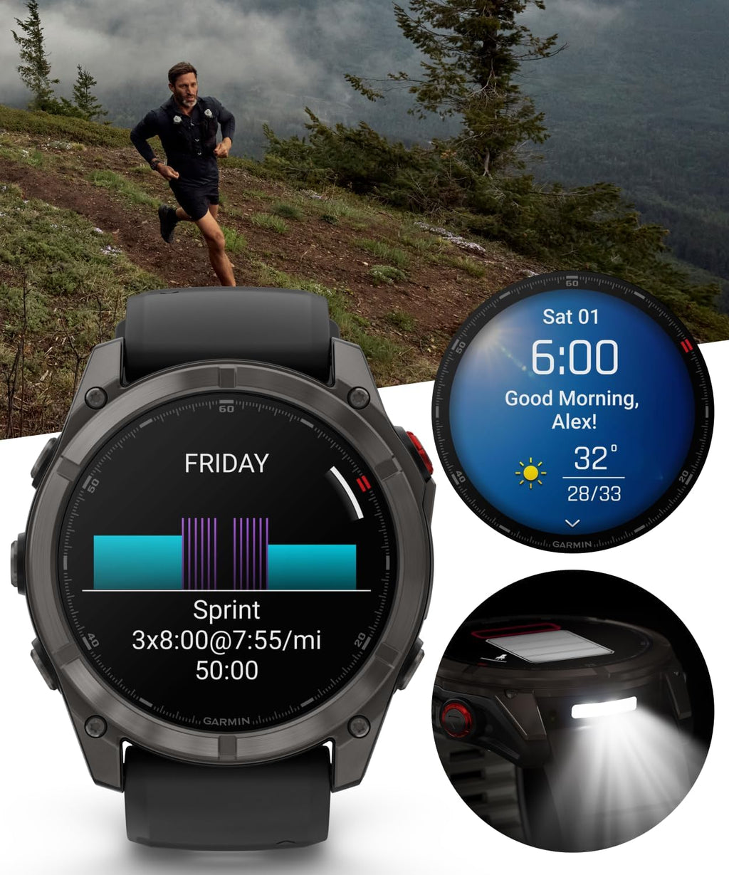 Garmin Fenix 8 Pro 51mm AMOLED Sapphire Premium Connected Multisport GPS Smartwatch, inReach Technology, Carbon Gray DLC Titanium w/Black Silicone Band with White Earbuds Bundle