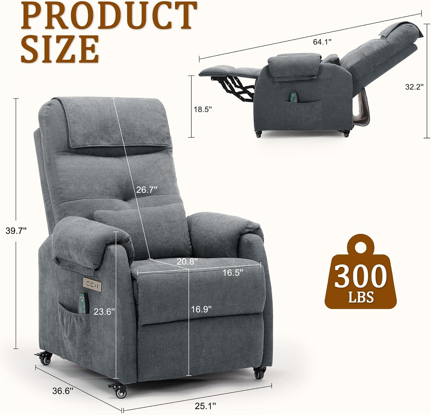 Korser Power Recliner Chair for Adults, Recliner for Small Spaces with Rollers, Electric Chair with Massage and Heat, USB and Type-C Charge Port, Fabric Recliner Chair for Living Room, Bedroom