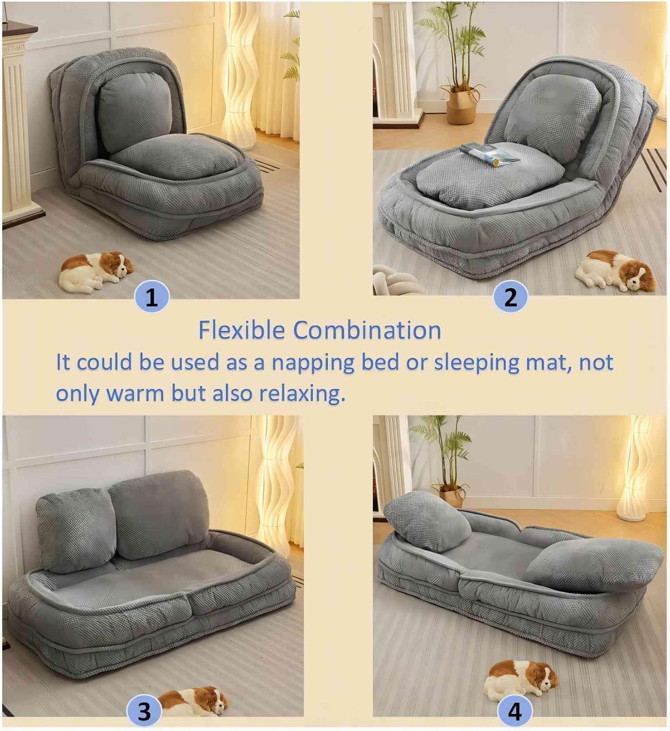 Floor Chair with Back Support, Folding Sofa Chair with 5 Adjustable Position, Plush Floor Gaming Chair, Meditation Chair for Lazy Boys, Human Dog Bed for Living Room, Lounge, Bedroom, Grey