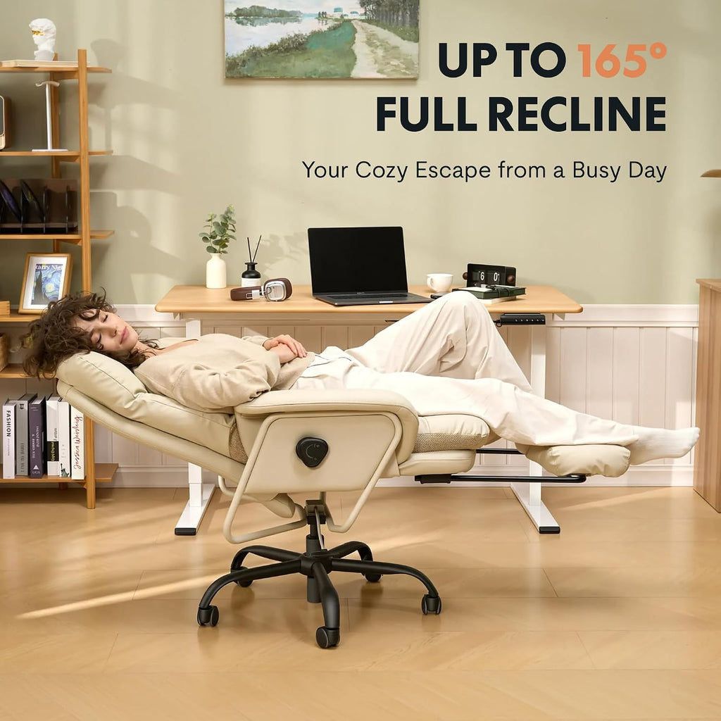 FLEXISPOT Ergonomic Office Chair with Footrest High Back Computer Desk Chairs Indoor Lounge Chair with Wheels 90-165° Reclining Lumbar Support, Chairs for Working Relaxing Cross Legged, Leather, White
