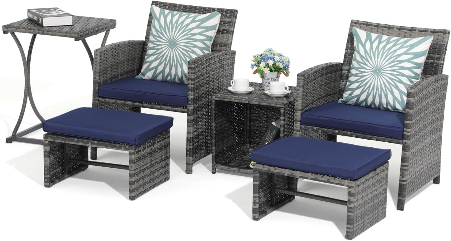 OC Orange-Casual 6 Piece Patio Furniture Conversation Set with Ottoman, Outdoor Grey Wicker Chair and Table Set, Balcony Furniture for Apartments, Navy Blue