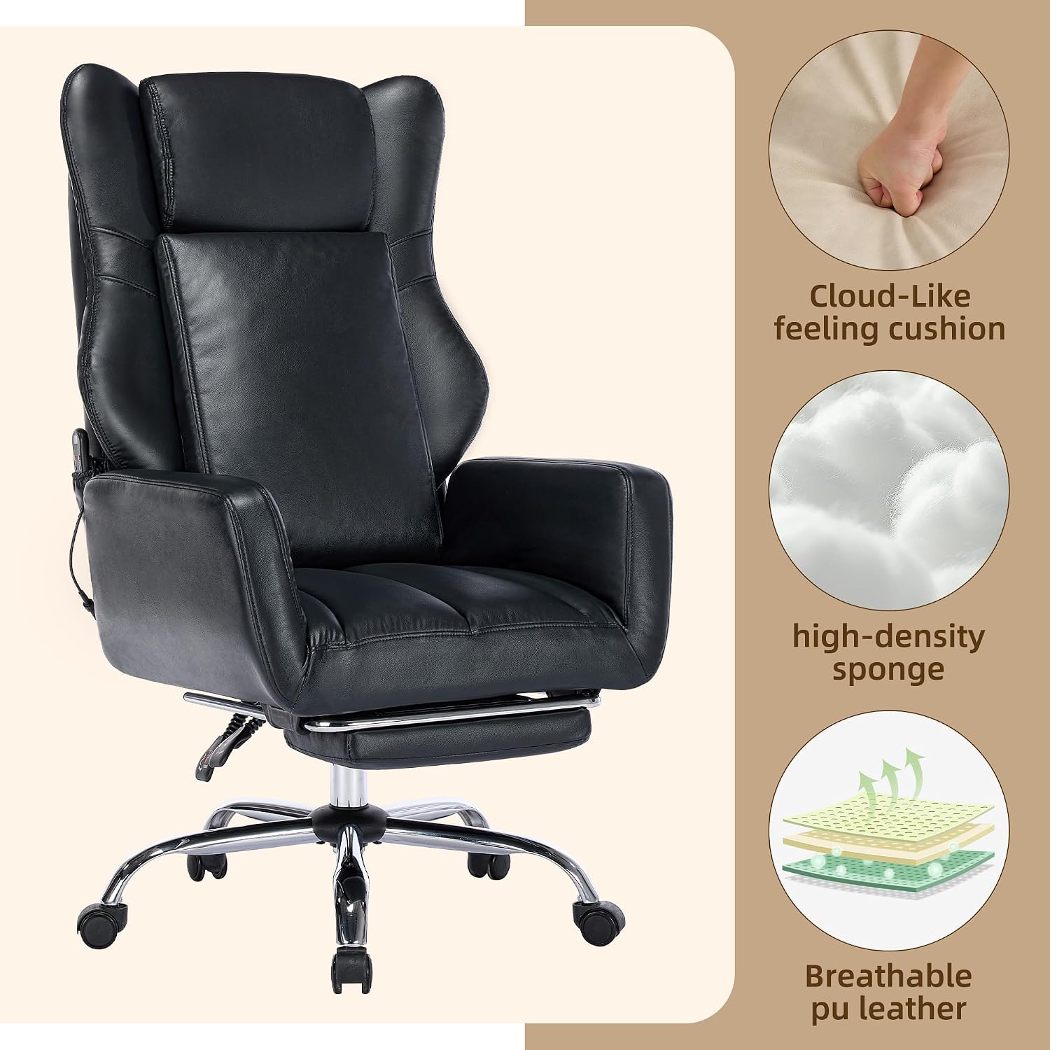 DYHOME Black Leather Office Chair,Criss Cross Office Chair with Massage and Footrest, Heavy Duty Desk Chair Swivel Ergonomic Computer Gaming Chairs with Lumbar Support, Wheels Flip-up Arms Adjustable