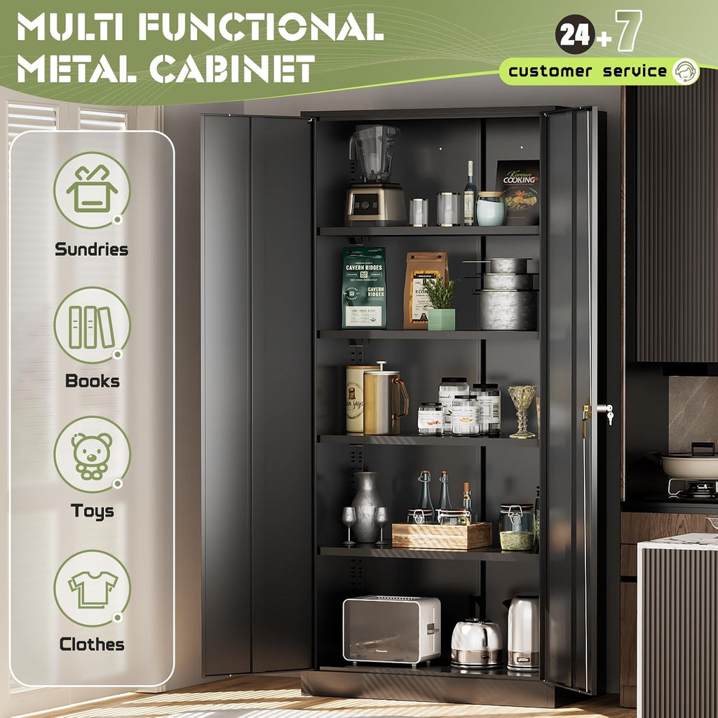 SUNCROWN 72' Metal Storage Cabinet - Heavy-Duty Metal Garage Cabinet with 4 Adjustable Shelves & 2 Doors for Tools, Office, Home, Workshop,Black