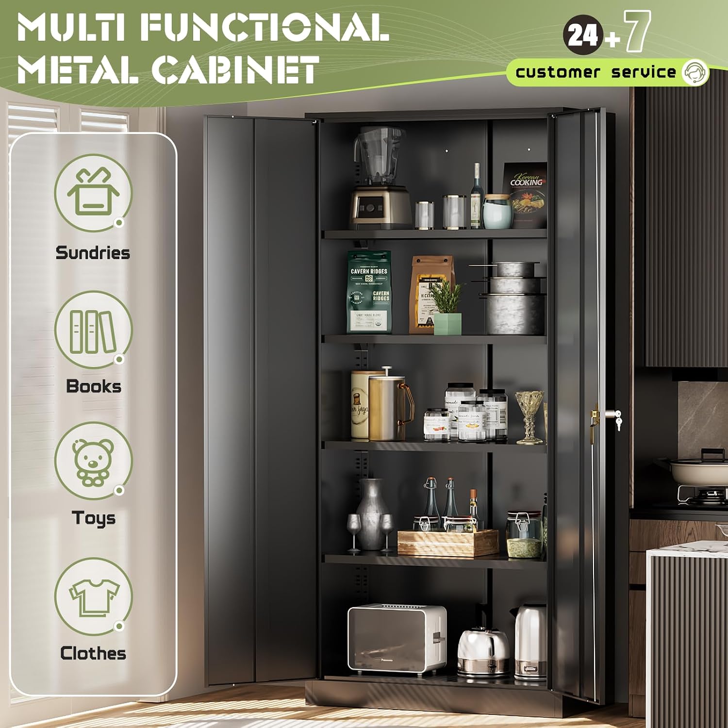 SUNCROWN 72' Metal Storage Cabinet - Heavy-Duty Metal Garage Cabinet with 4 Adjustable Shelves & 2 Doors for Tools, Office, Home, Workshop,Black