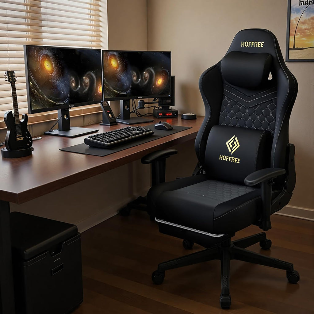 HOFFREE Gaming Chair with Speakers Bluetooth Massage Gaming Chairs for Adults Suede Fabric 165° Reclining Ergonomic Computer Chairs with Footrest Pocket Spring Cushion High Back Gamer Chair Black