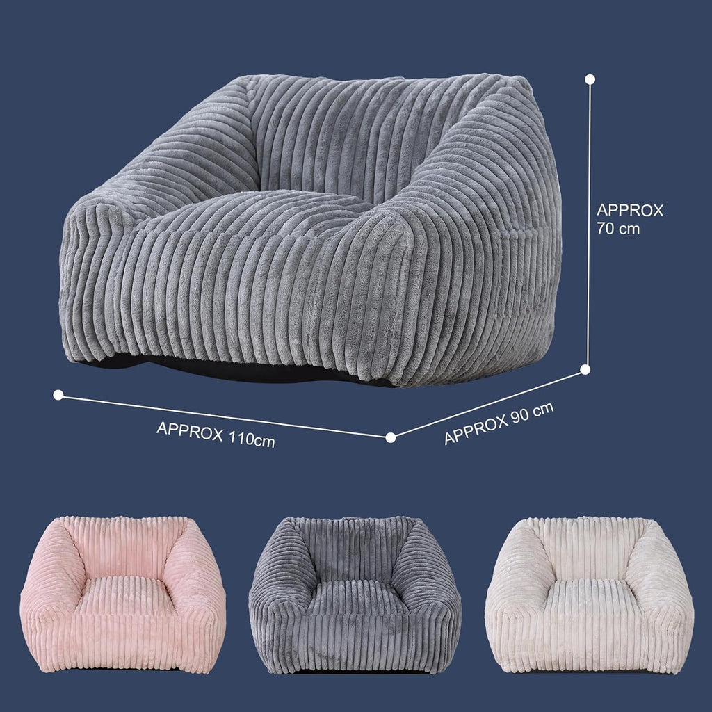 Bean Bag Chair with Memory Foam Filling- Large Stuffable Soft Giant Beanbag Reading Chair, Adults Lounge Gaming Lazy Sofa Bed for Living Room Bedroom- Grey, Stripe Fur