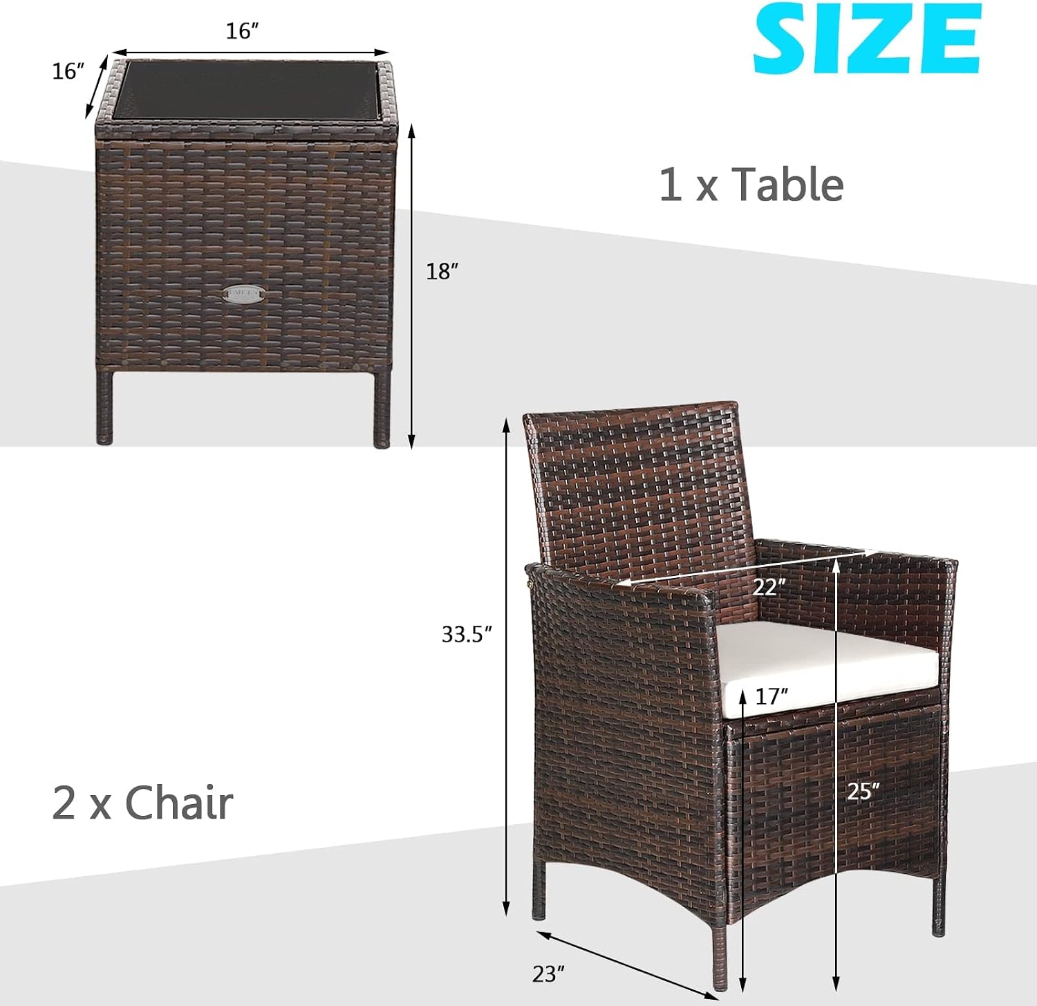 HAPPYGRILL 3 Pieces Rattan Patio Bistro Set, PE Wicker Furniture Set Outdoor Conversation Set with Coffee Table & Soft Cushions Porch Furniture Set for Garden Lawn Poolside Backyard