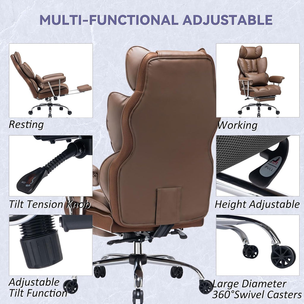 Efomao Executive Office Chair for Heavy People, High Back Chair with Foot Rest, Height Adjustable PU Leather Office Chair,Big and Tall Office Chair, Matte Brown Office Chair