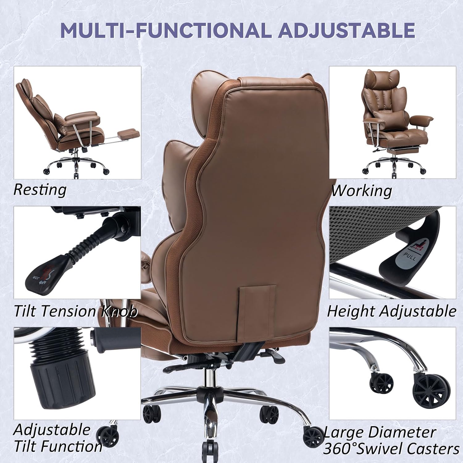 Efomao Executive Office Chair for Heavy People, High Back Chair with Foot Rest, Height Adjustable PU Leather Office Chair,Big and Tall Office Chair, Matte Brown Office Chair