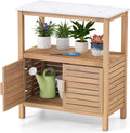 Giantex Outdoor Potting Bench, Acacia Wood Planting Workstation with 2-Door Storage Cabinet, Faux Marble Tabletop, Open Storage Shelves, Garden Potting Table for Horticulture