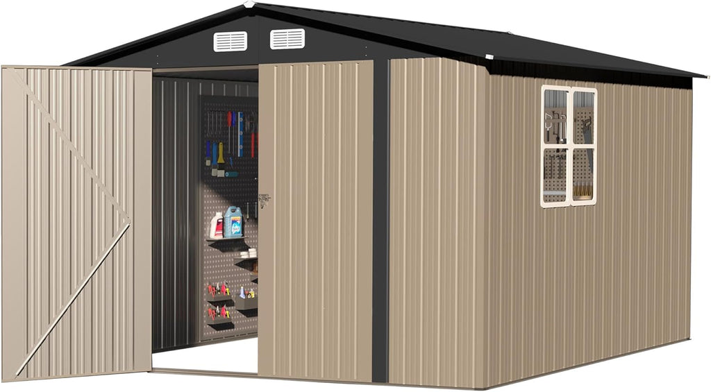 8×10 FT Metal Tool Storage Shed with Window, Weather Resistant Outdoor Storage Shed with Lockable Double Doors for Backyard, Patio Lawn, Garden