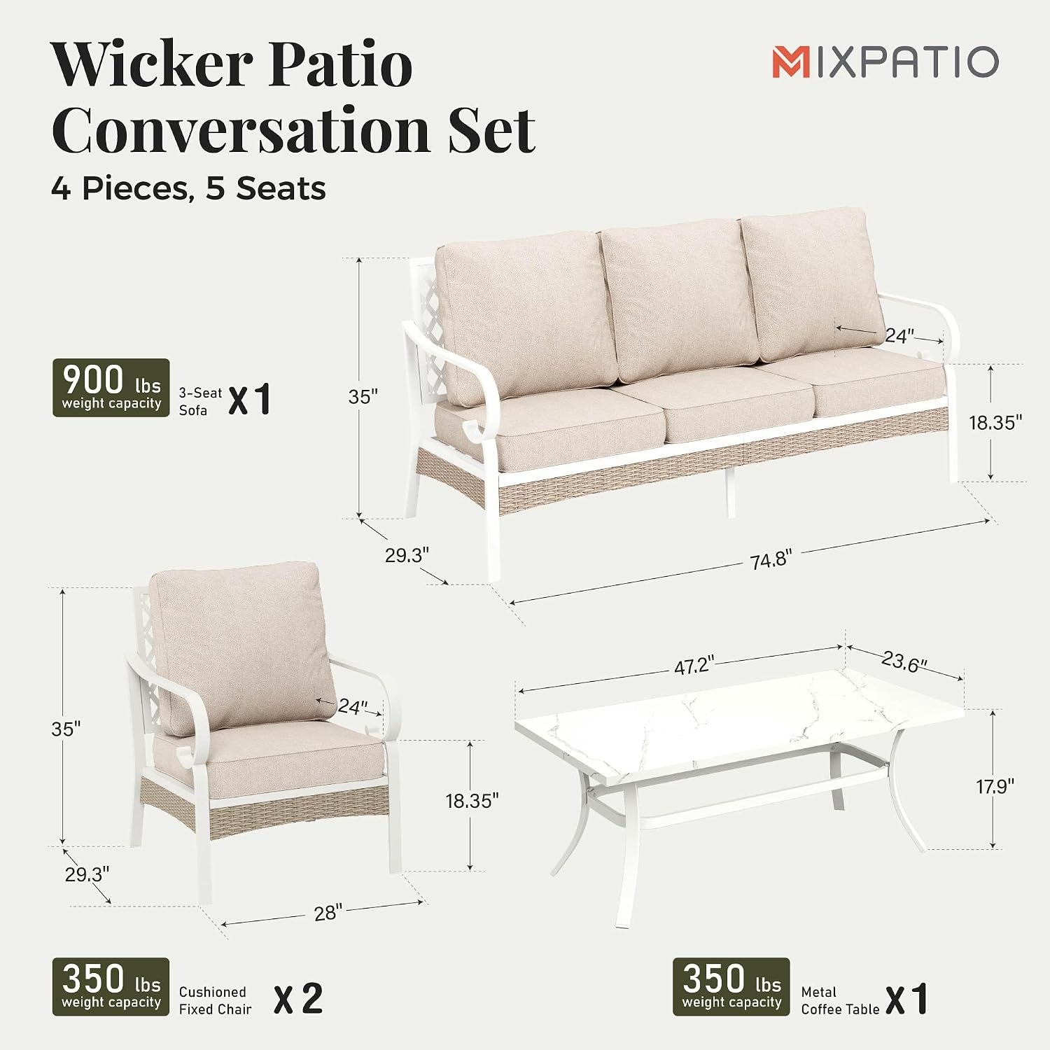 MIXPATIO 4 Piece Patio Furniture Set, 2 x Fixed Chair, 1 x 3-Seat Sofa with Marbling Coffee Table, All Cushioned 5 Seats Outdoor Conversation Set for Lawn Garden Backyard, Beige